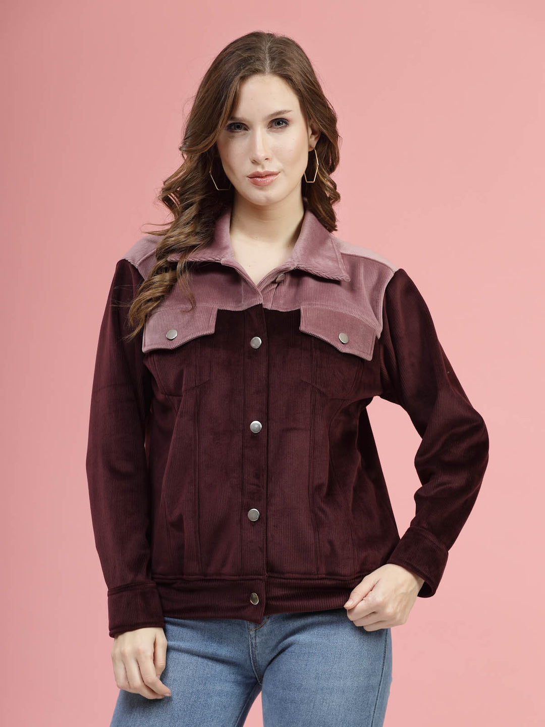 Maroon Self Design Spread Collar Bomber Jacket