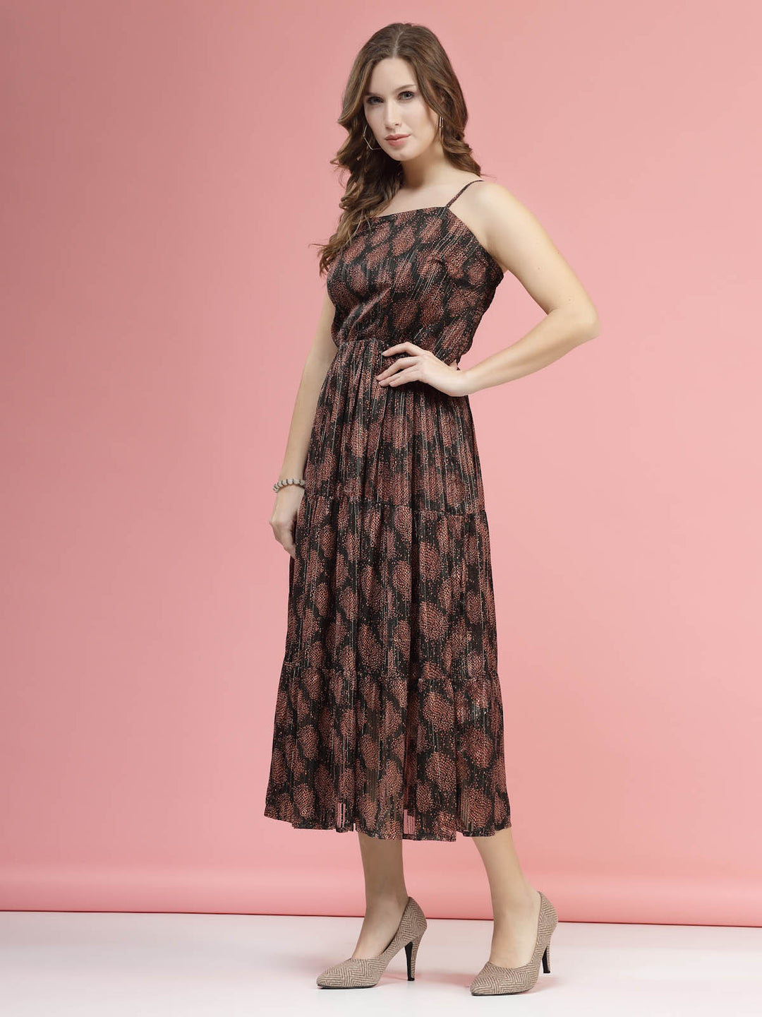 Brown Ethnic Motifs Printed Smocked Tiered A-Line Dress