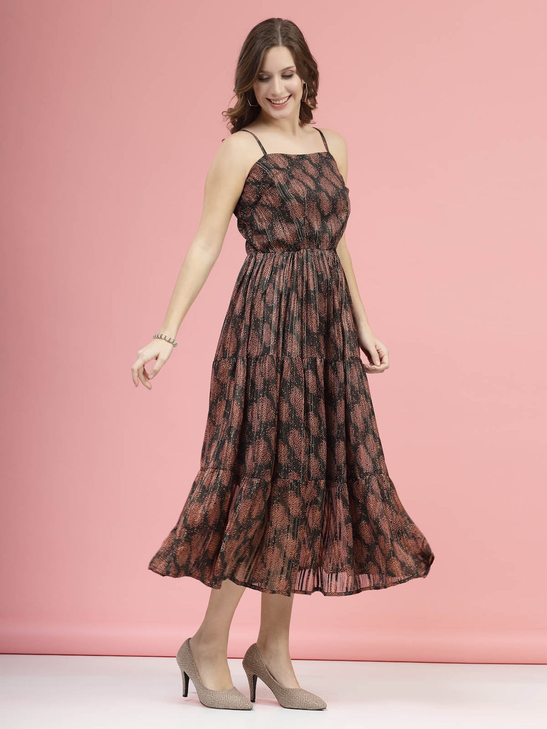 Brown Ethnic Motifs Printed Smocked Tiered A-Line Dress