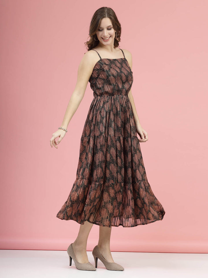 Brown Ethnic Motifs Printed Smocked Tiered A-Line Dress