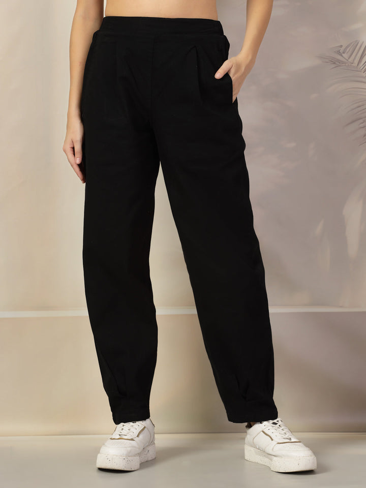 Women Mid-Rise Regular Fit Pleated Cotton Trousers