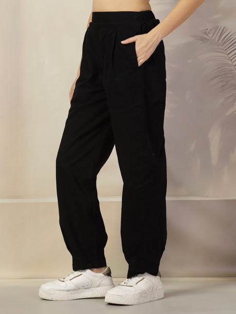 Women Mid-Rise Regular Fit Pleated Cotton Trousers