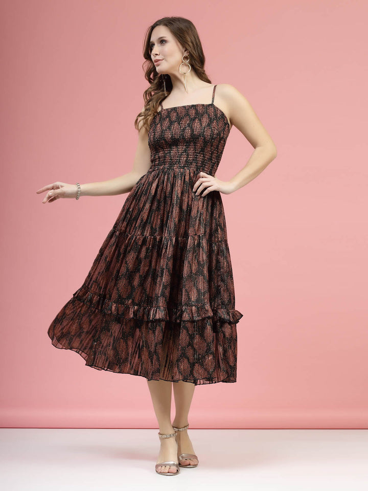 Brown  Black Ethnic Motifs Printed Smocked Tiered A-Line Dress