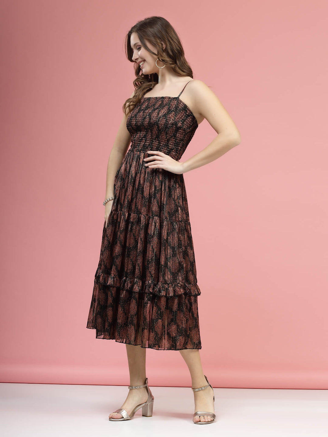 Brown  Black Ethnic Motifs Printed Smocked Tiered A-Line Dress