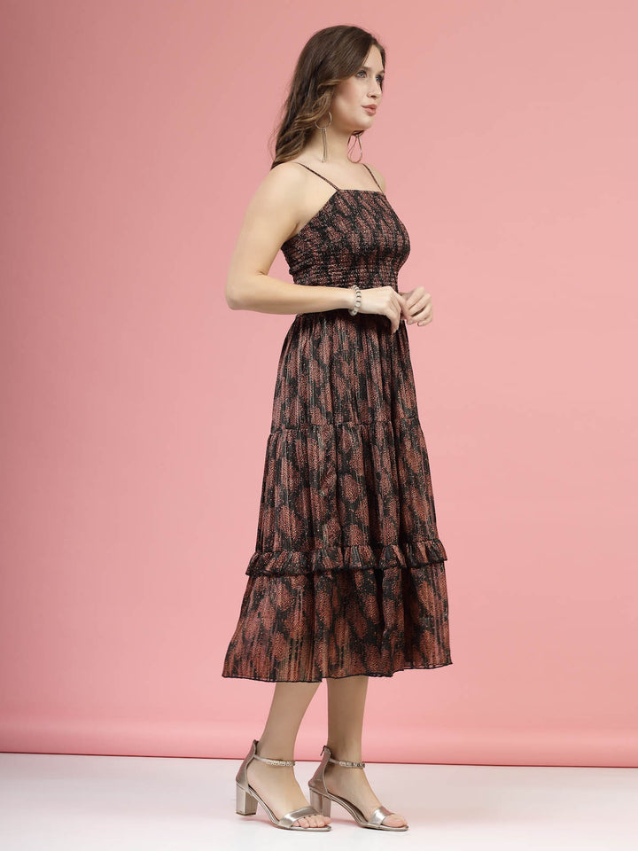 Brown  Black Ethnic Motifs Printed Smocked Tiered A-Line Dress