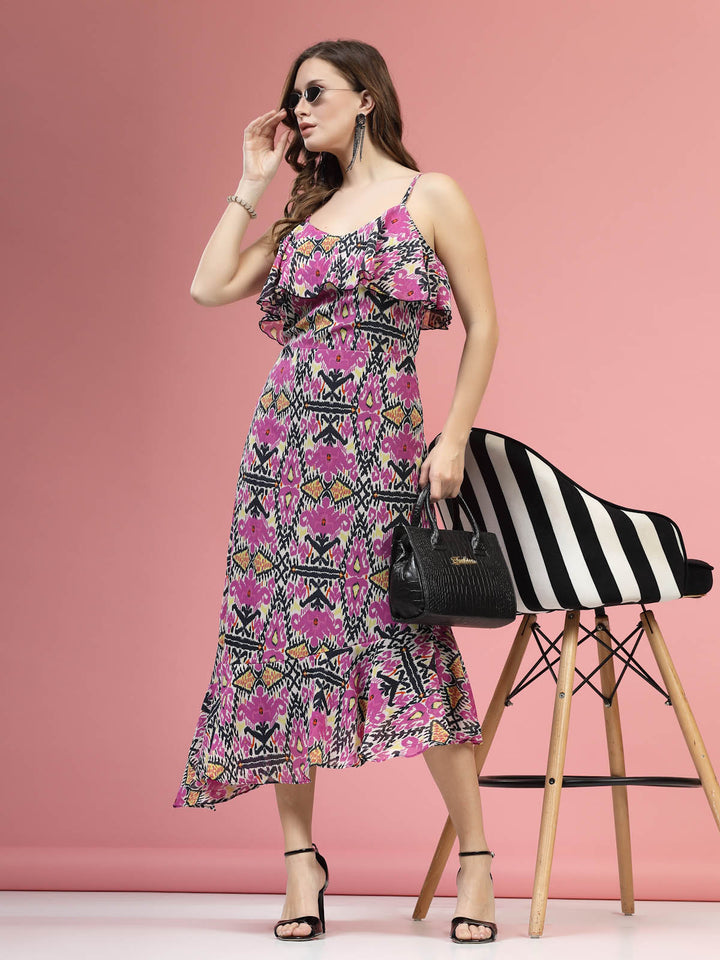 Violet  Black Floral Printed Shoulder Straps A-Line Midi Dress