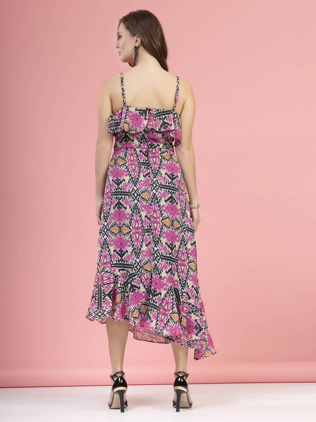 Violet  Black Floral Printed Shoulder Straps A-Line Midi Dress