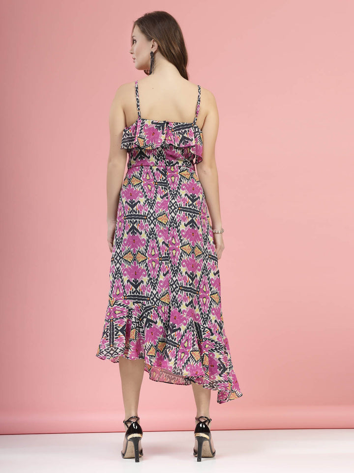 Violet  Black Floral Printed Shoulder Straps A-Line Midi Dress