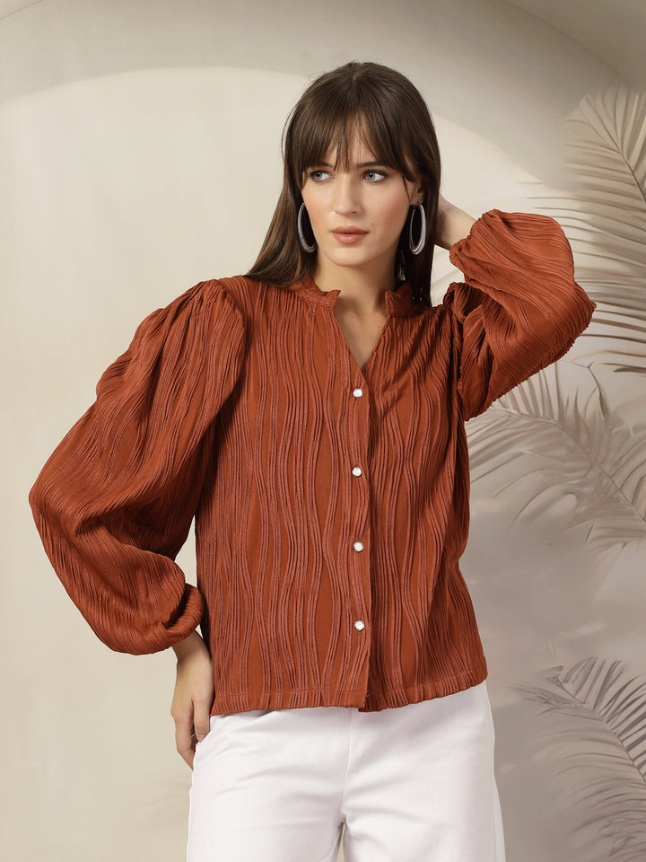 Striped Mandarin Collar Shirt Style Polyester Top