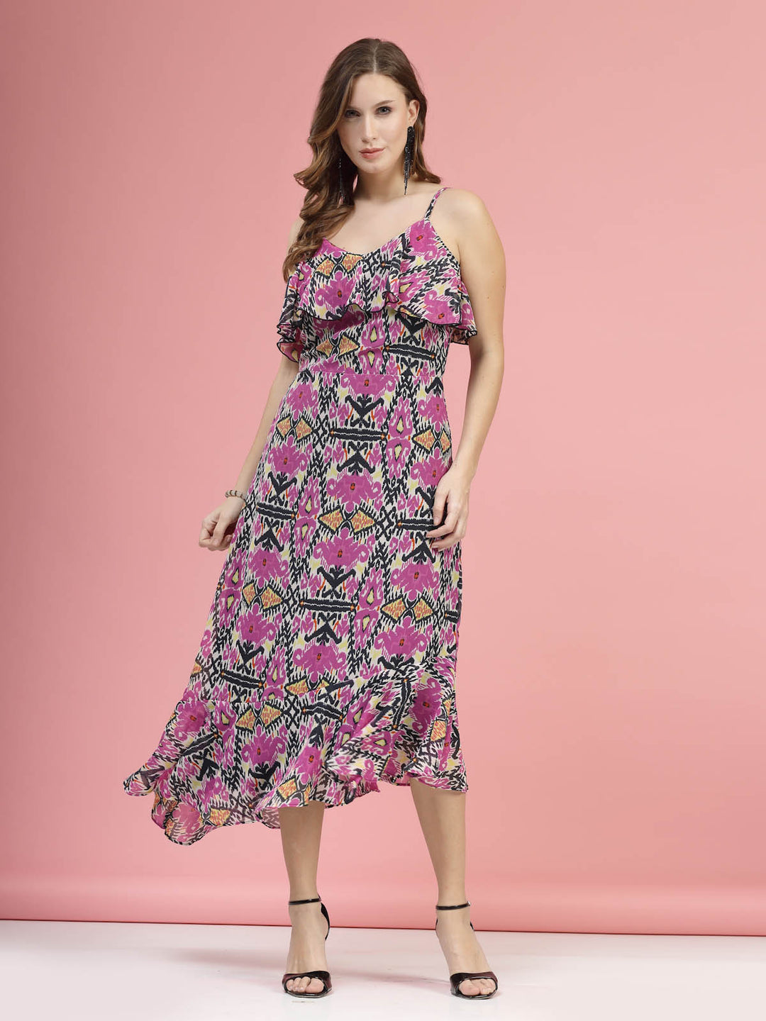 Violet  Black Floral Printed Shoulder Straps A-Line Midi Dress