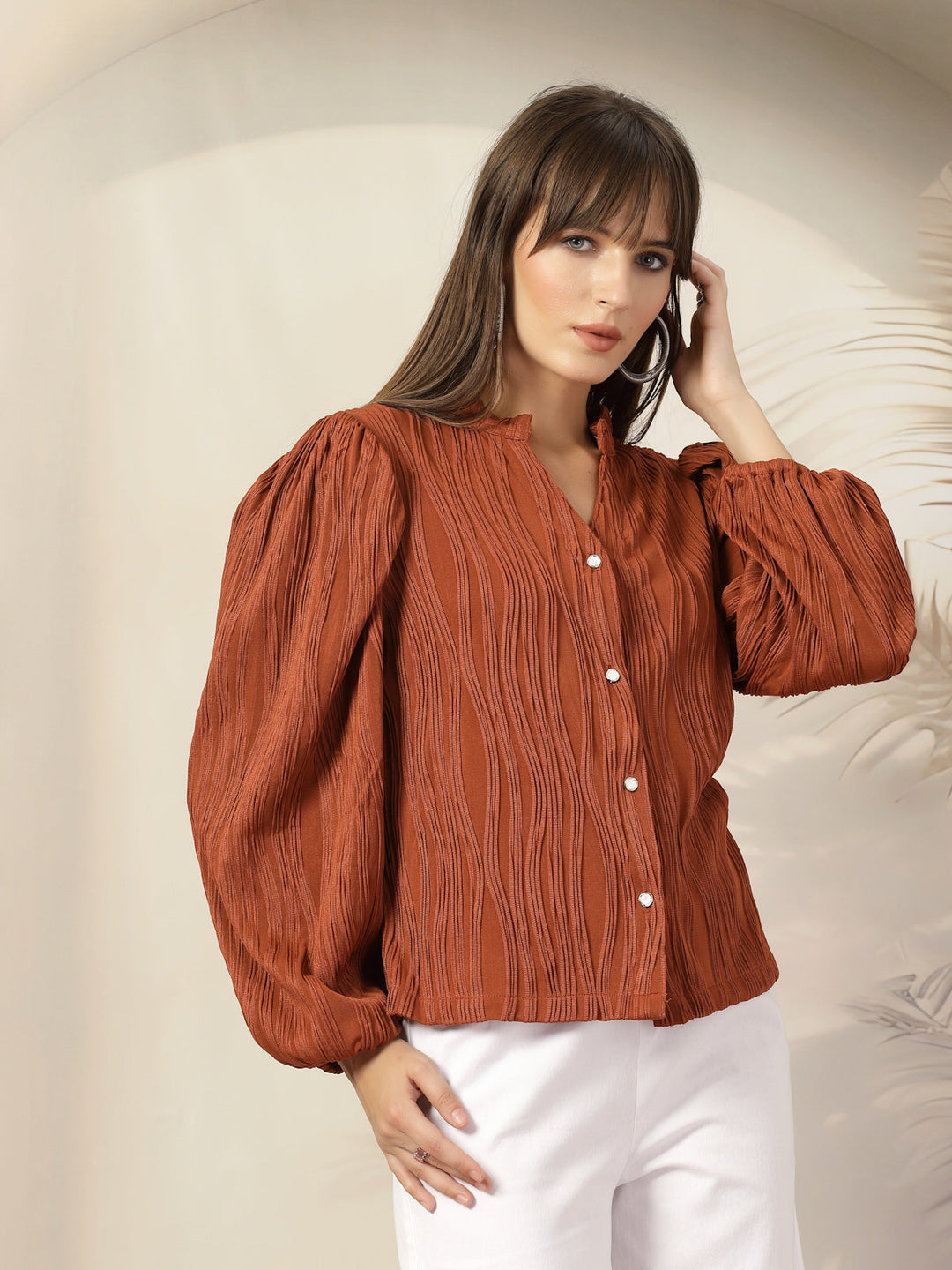 Striped Mandarin Collar Shirt Style Polyester Top