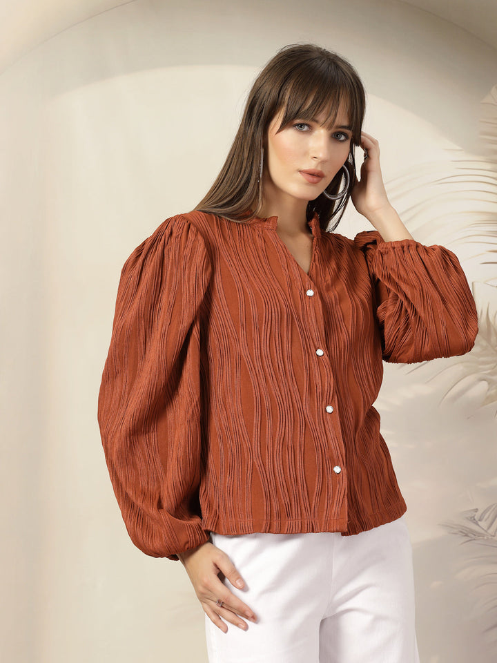 Striped Mandarin Collar Shirt Style Polyester Top