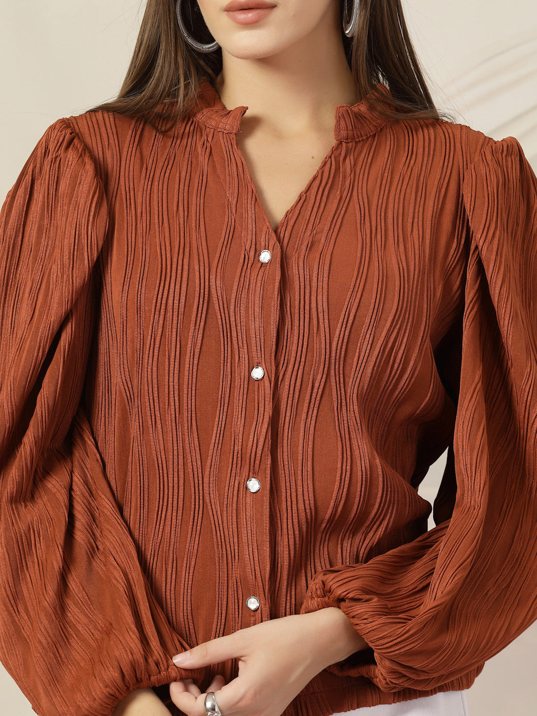 Striped Mandarin Collar Shirt Style Polyester Top