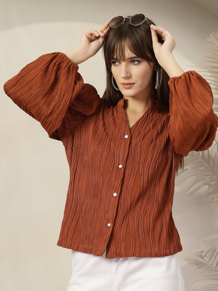 Striped Mandarin Collar Shirt Style Polyester Top