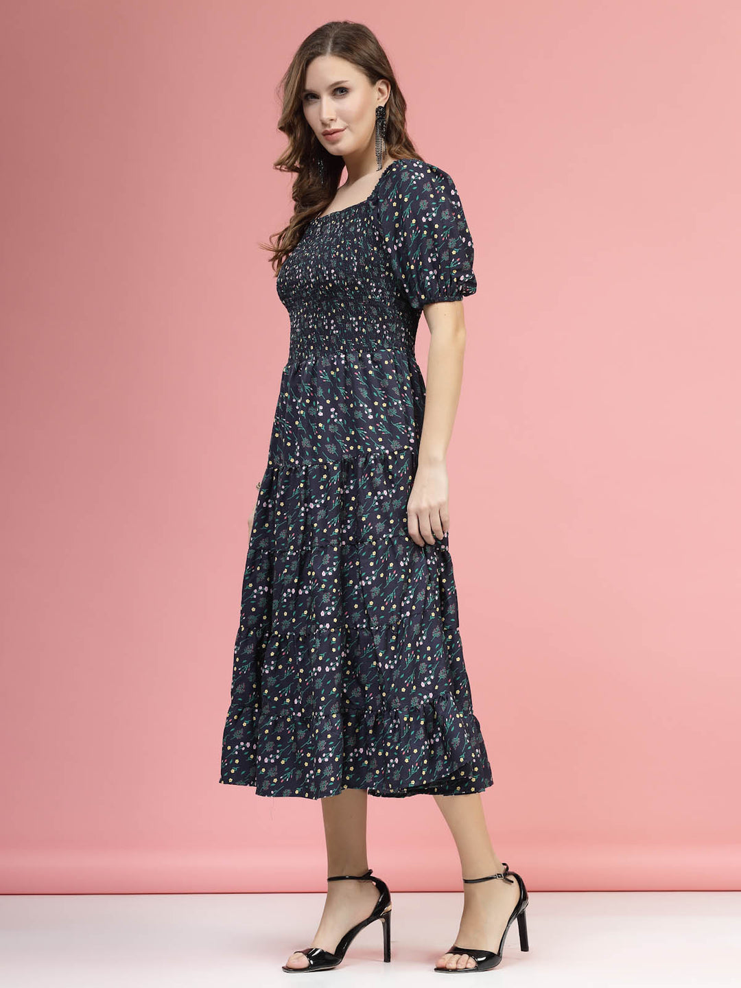 Blue Floral Printed Square Neck Puff Sleeves Smocked Fit  Flare Midi Dress