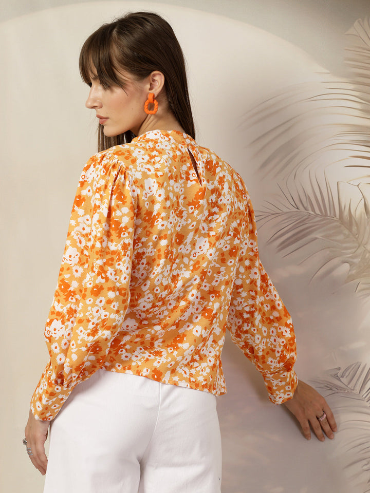 Floral Print Mandarin Collar Cotton Shirt Style Top