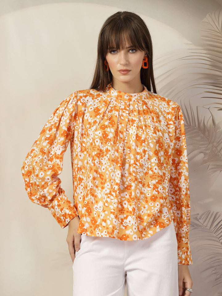 Floral Print Mandarin Collar Cotton Shirt Style Top