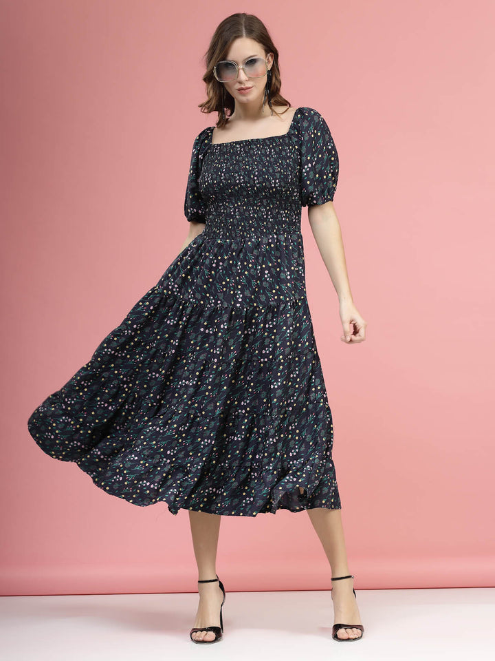 Blue Floral Printed Square Neck Puff Sleeves Smocked Fit  Flare Midi Dress