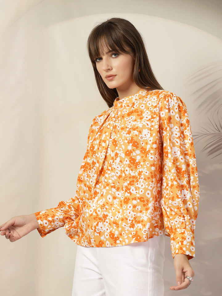 Floral Print Mandarin Collar Cotton Shirt Style Top