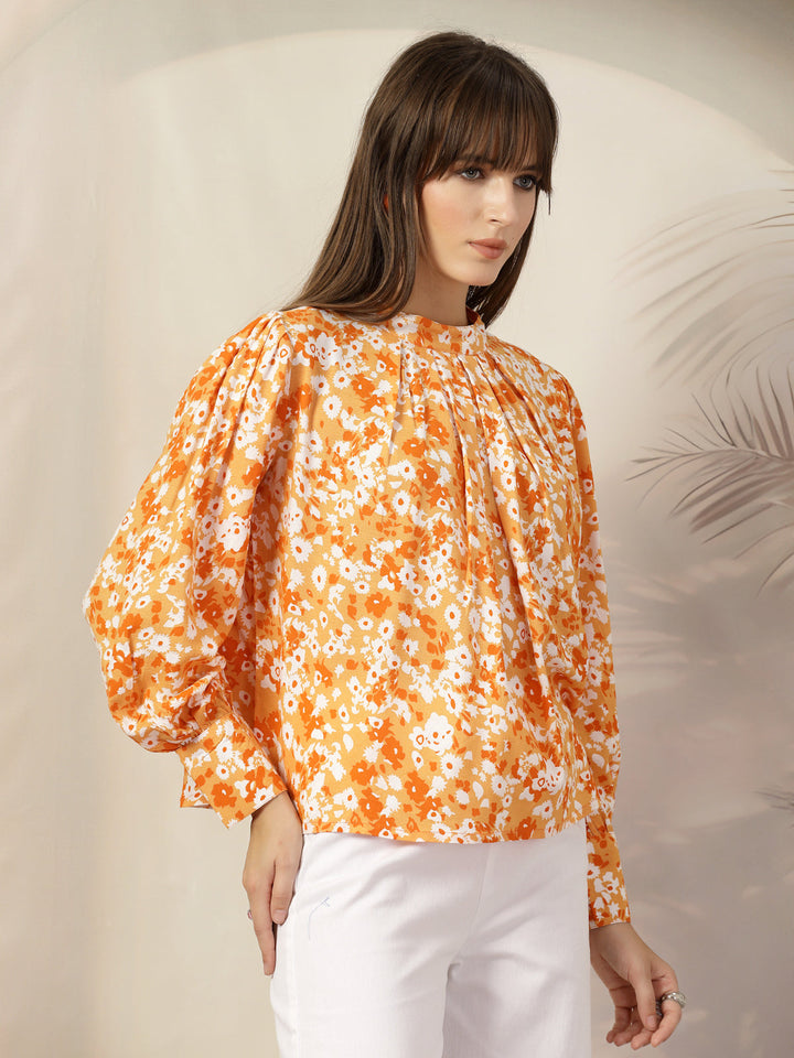 Floral Print Mandarin Collar Cotton Shirt Style Top