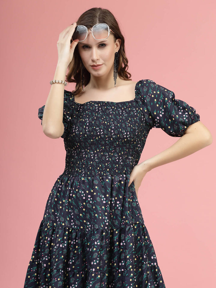 Blue Floral Printed Square Neck Puff Sleeves Smocked Fit  Flare Midi Dress