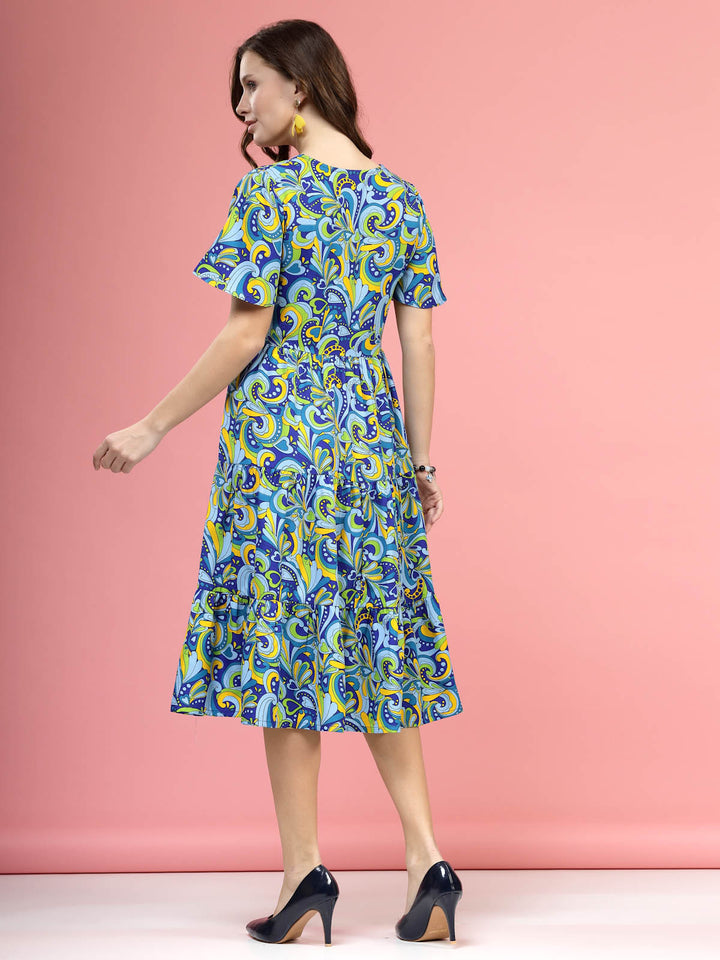 Blue  Green Floral Printed V-NecK Flared Sleeves Fit  Flare Midi Dress