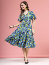 Blue  Green Floral Printed V-NecK Flared Sleeves Fit  Flare Midi Dress