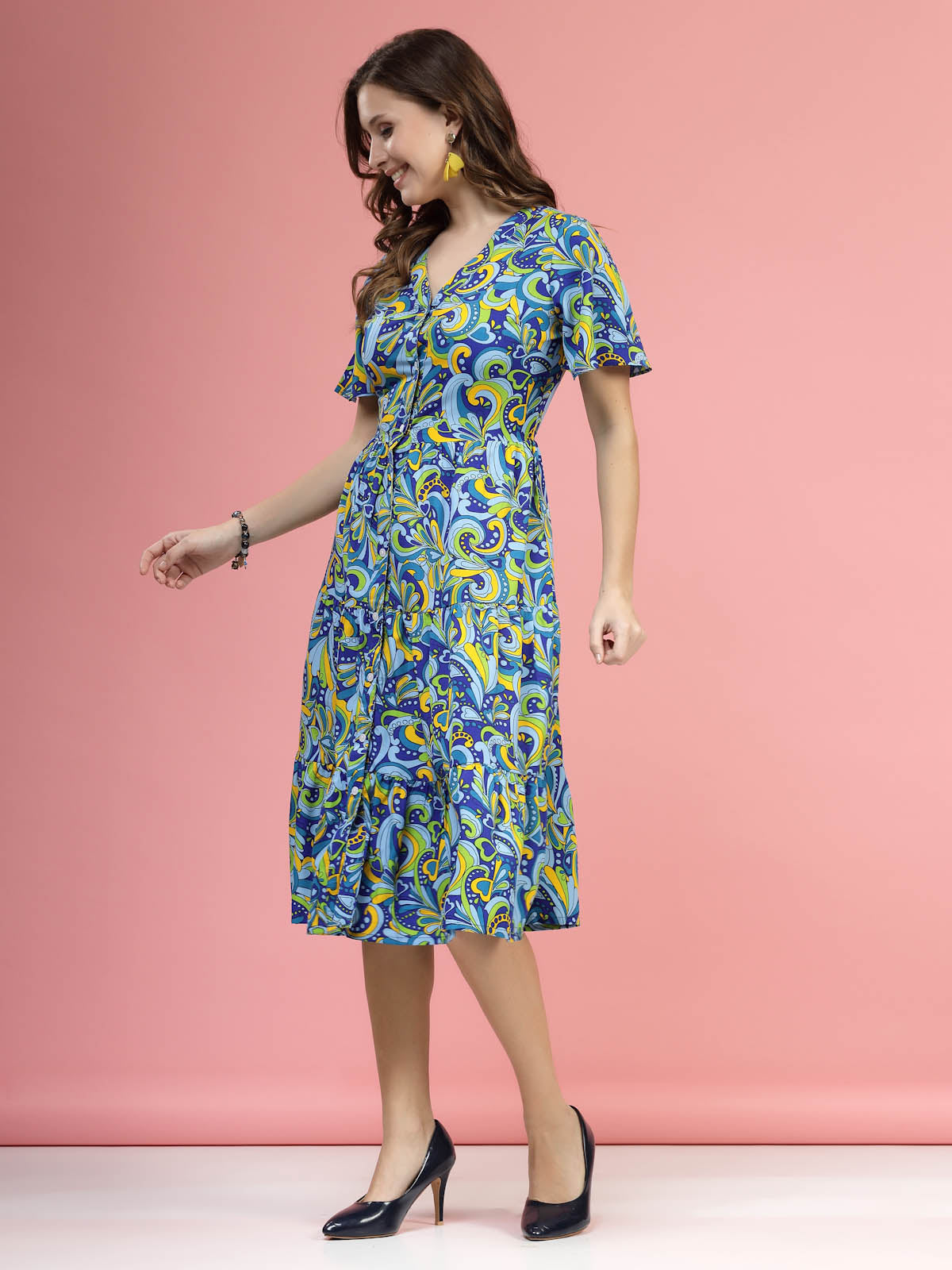 Blue  Green Floral Printed V-NecK Flared Sleeves Fit  Flare Midi Dress