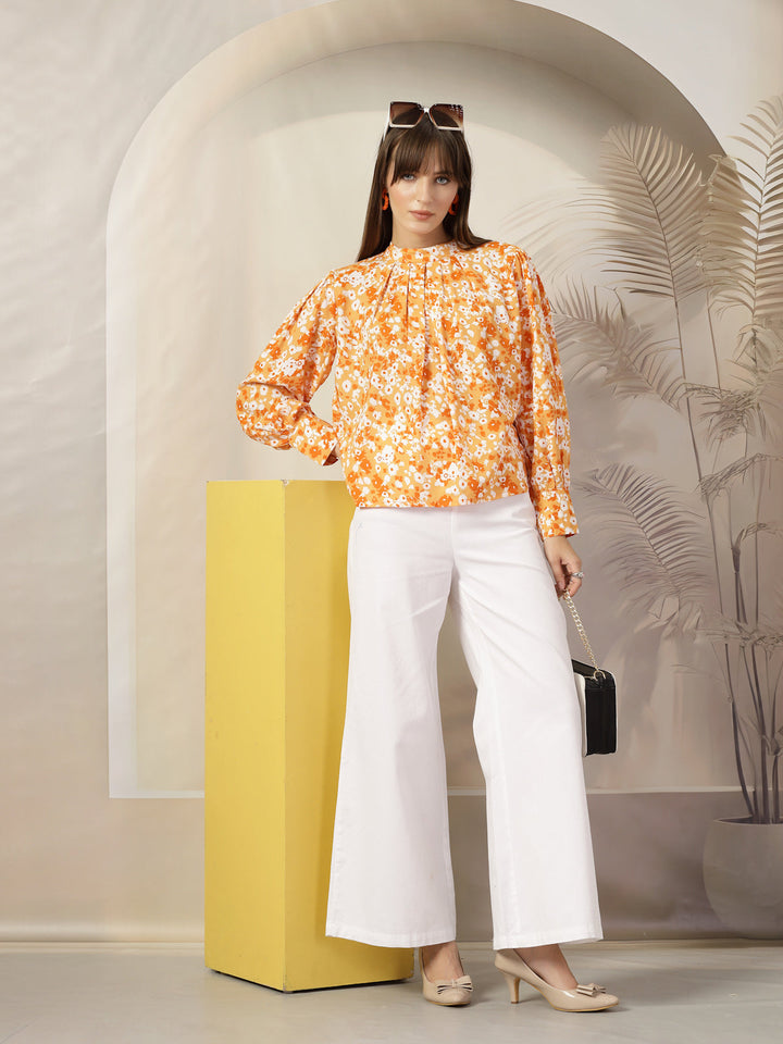 Floral Print Mandarin Collar Cotton Shirt Style Top