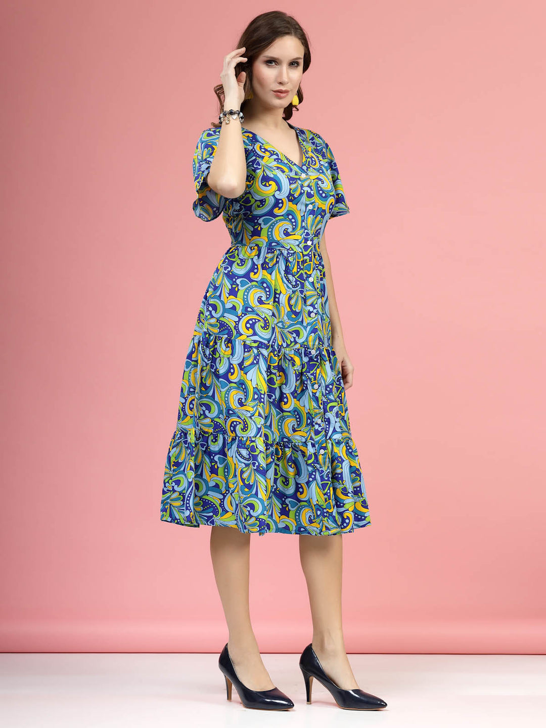 Blue  Green Floral Printed V-NecK Flared Sleeves Fit  Flare Midi Dress