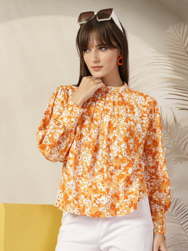 Floral Print Mandarin Collar Cotton Shirt Style Top