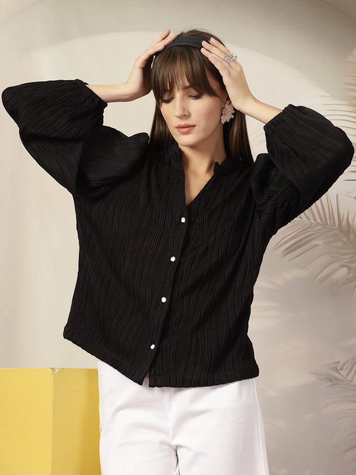 Mandarin Collar Shirt Style Polyester Top