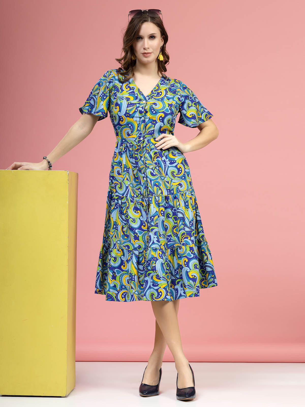 Blue  Green Floral Printed V-NecK Flared Sleeves Fit  Flare Midi Dress