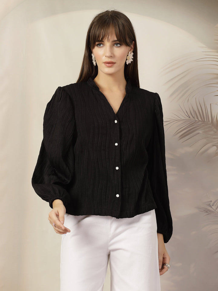 Mandarin Collar Shirt Style Polyester Top