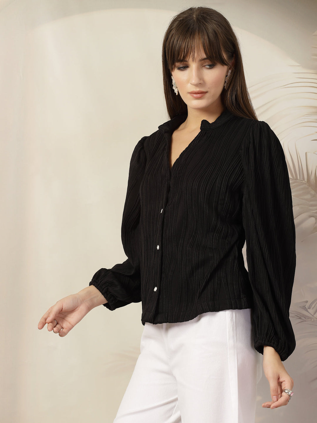 Mandarin Collar Shirt Style Polyester Top