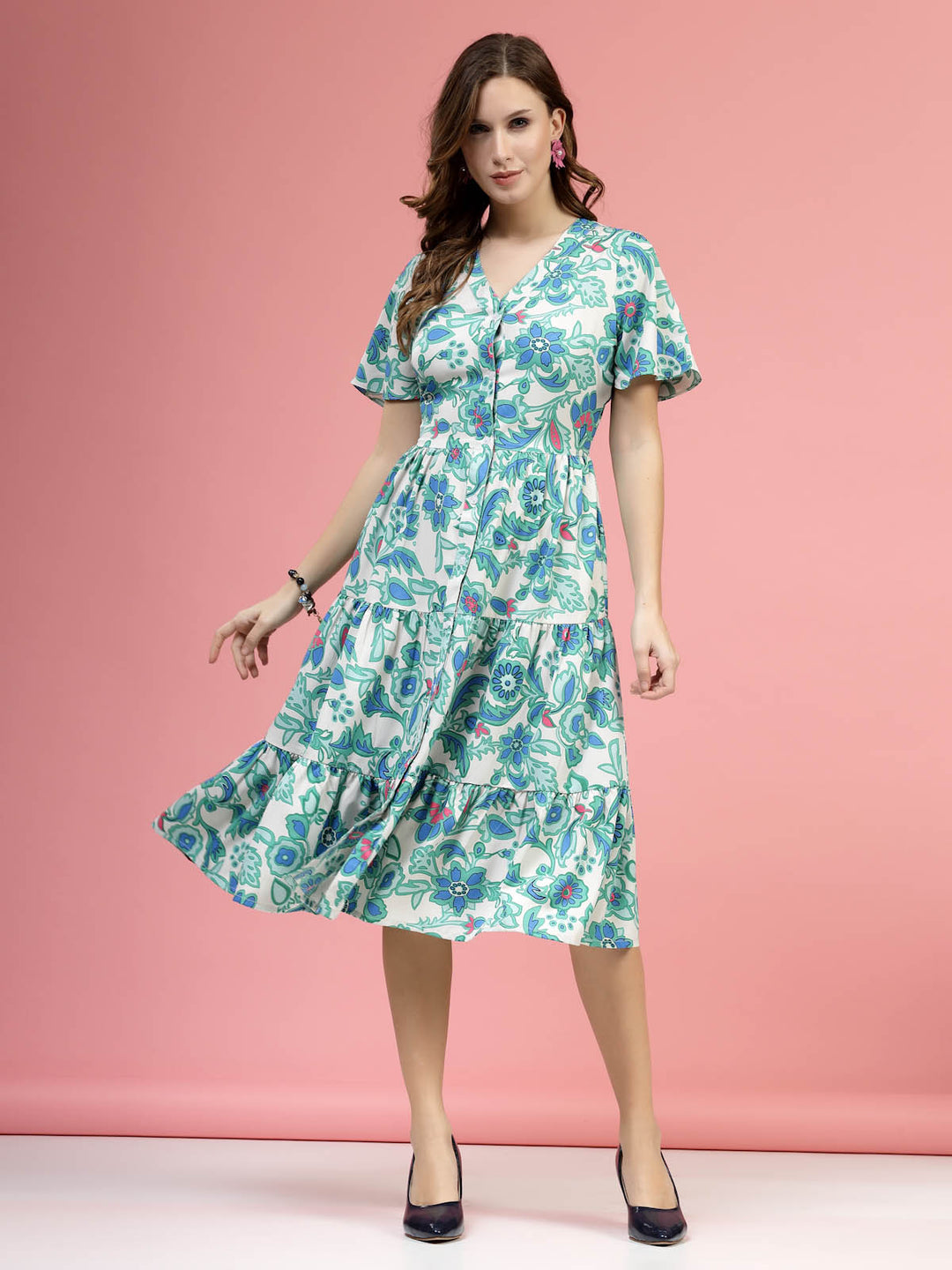 Cream Coloured  Green Floral Printed V-NecK Flared Sleeves Fit  Flare Midi Dress