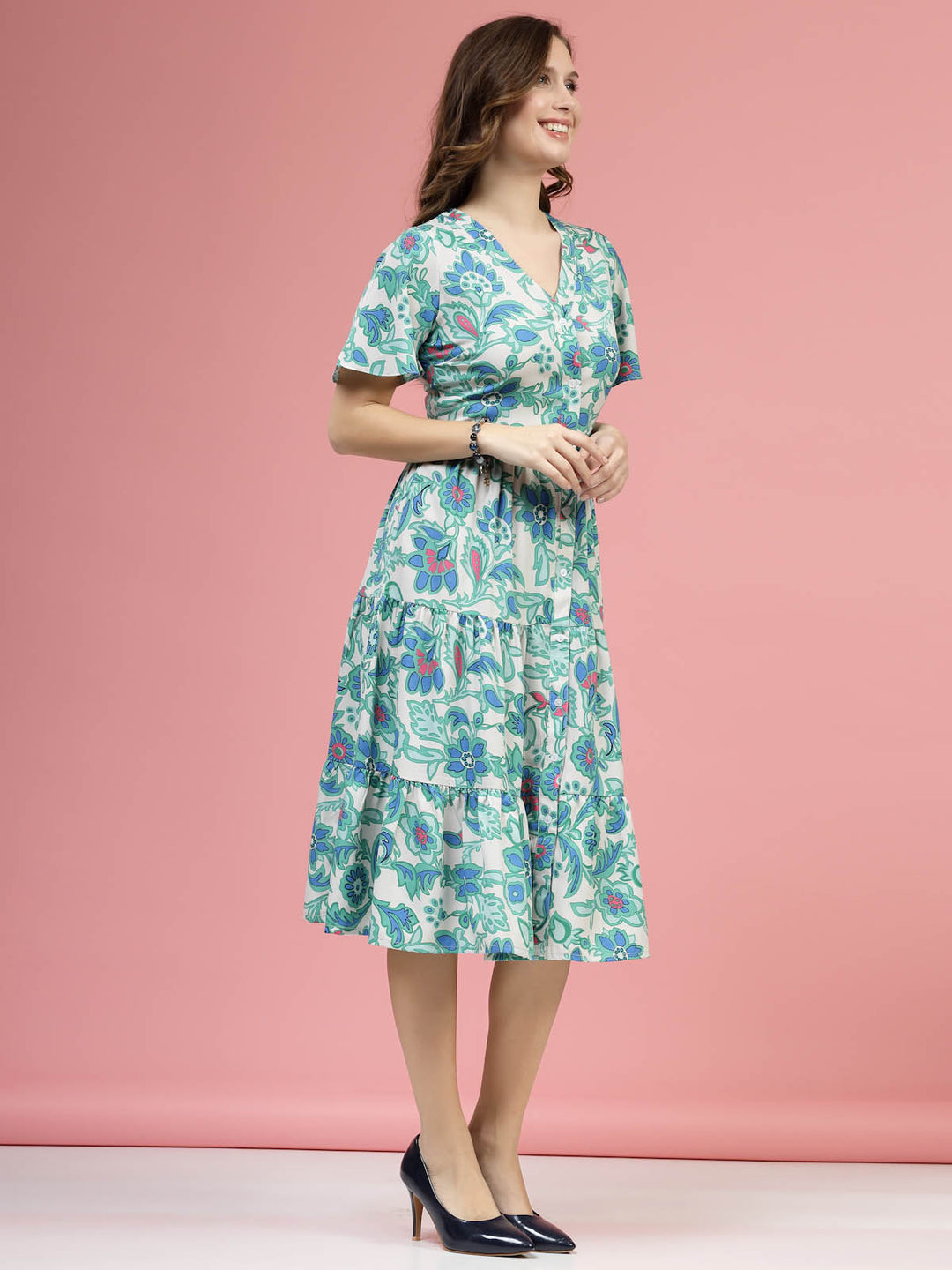 Cream Coloured  Green Floral Printed V-NecK Flared Sleeves Fit  Flare Midi Dress