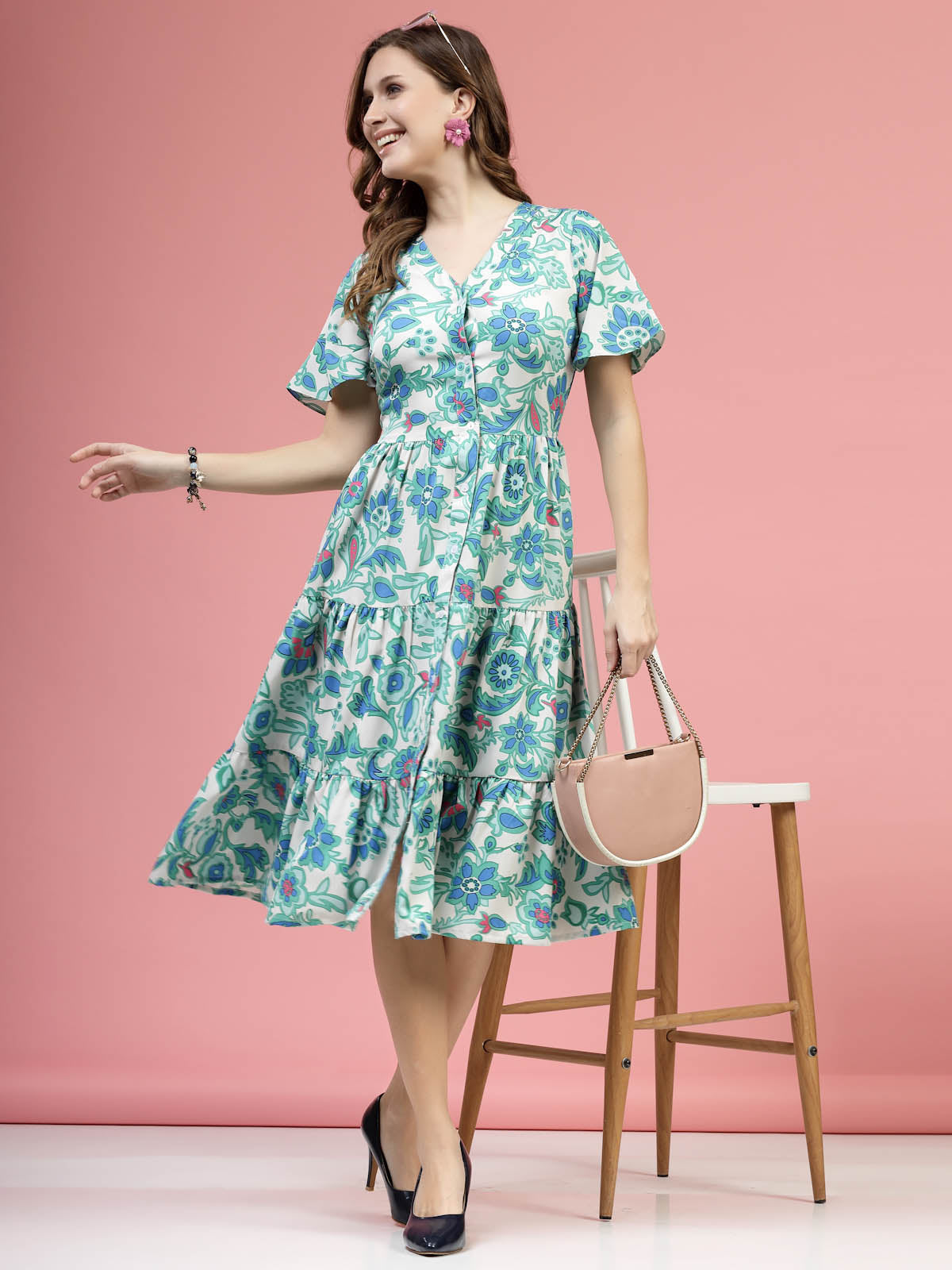 Cream Coloured  Green Floral Printed V-NecK Flared Sleeves Fit  Flare Midi Dress