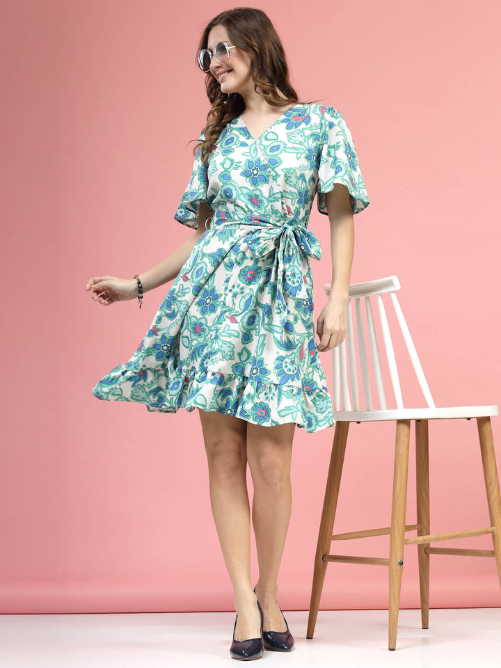 Cream Coloured  Green Floral Printed V-Neck Flared Sleeves Fit  Flare Dress