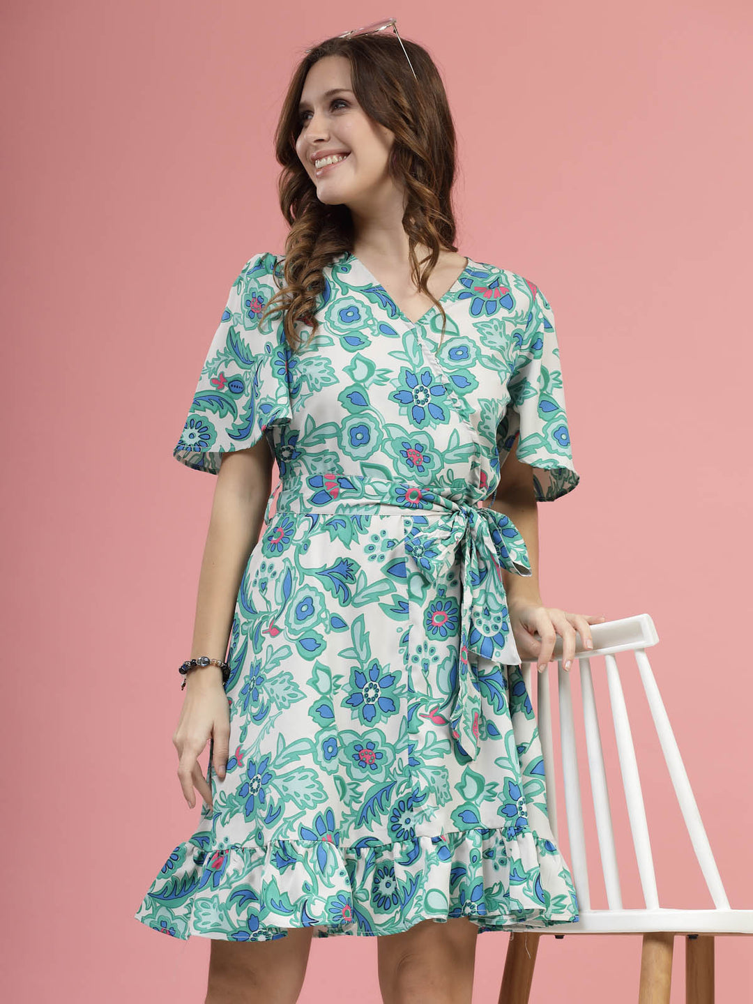 Cream Coloured  Green Floral Printed V-Neck Flared Sleeves Fit  Flare Dress