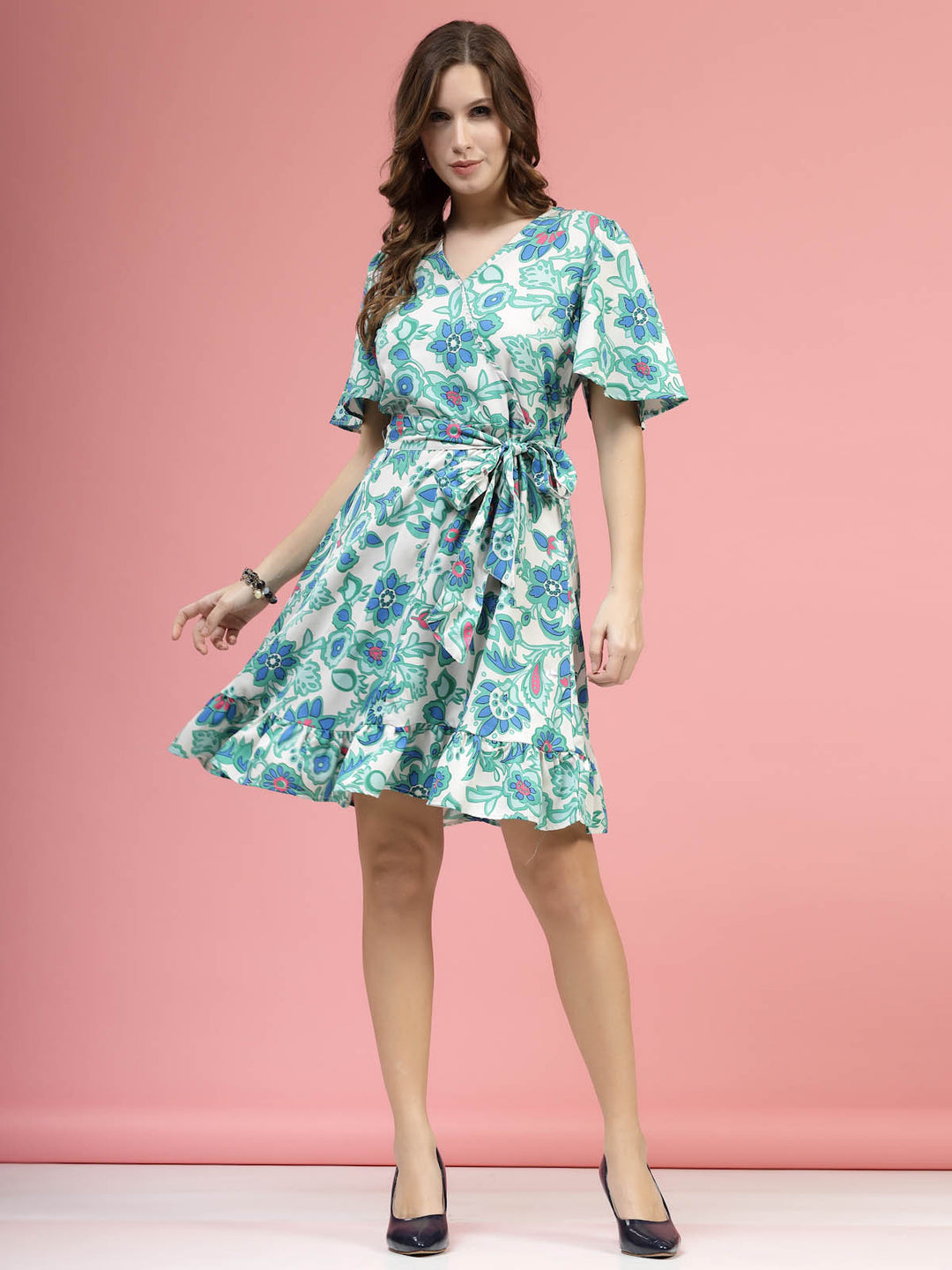 Cream Coloured  Green Floral Printed V-Neck Flared Sleeves Fit  Flare Dress