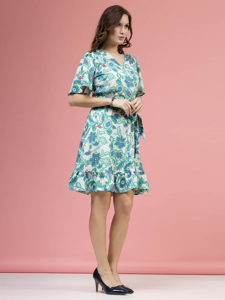 Cream Coloured  Green Floral Printed V-Neck Flared Sleeves Fit  Flare Dress