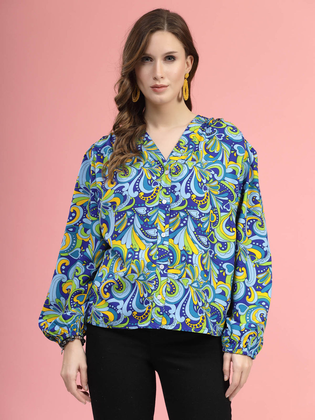 Blue  Green Ethnic Motifs Printed Shirt Style  Top