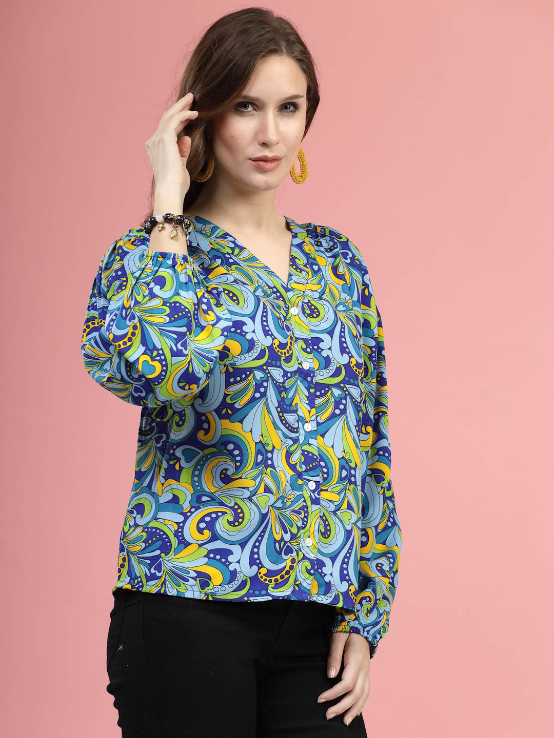 Blue  Green Ethnic Motifs Printed Shirt Style  Top