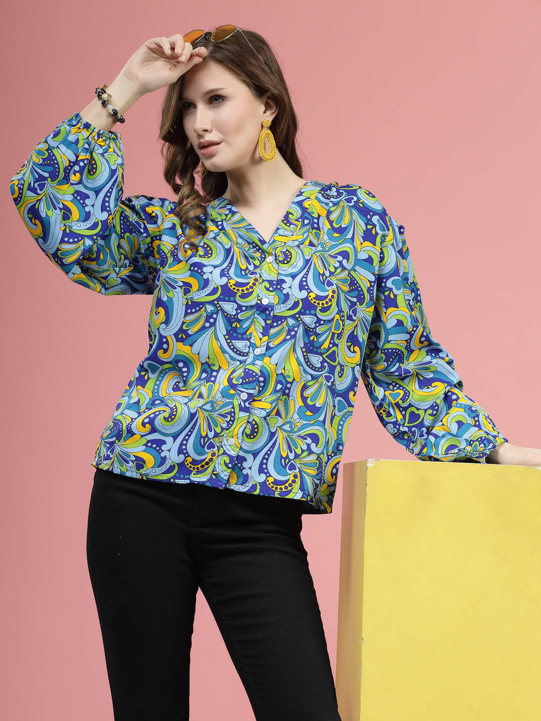 Blue  Green Ethnic Motifs Printed Shirt Style  Top