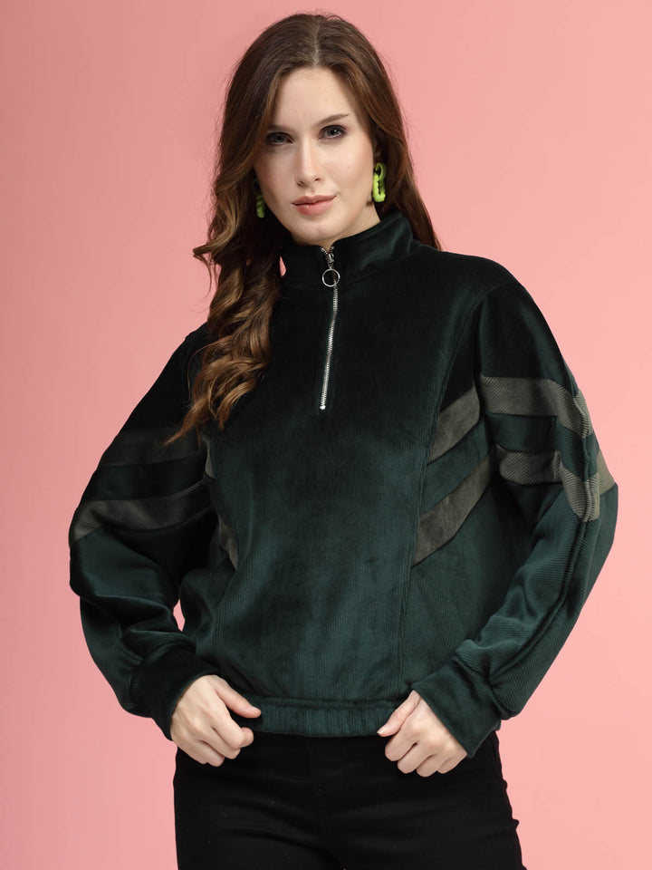 Green Mock Collar Long Sleeves Pullover Sweatshirt