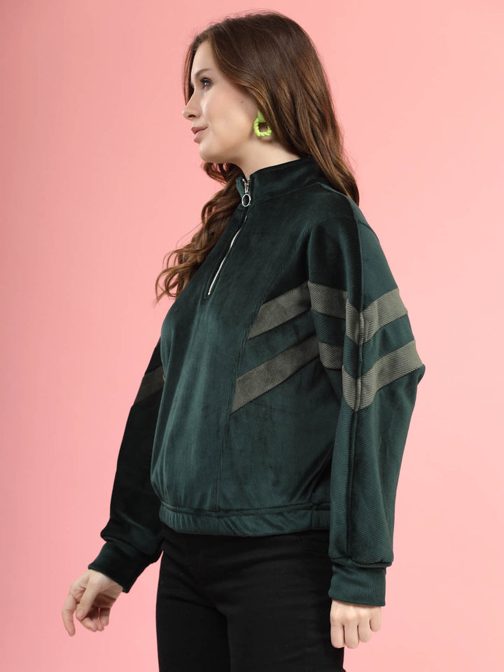 Green Mock Collar Long Sleeves Pullover Sweatshirt