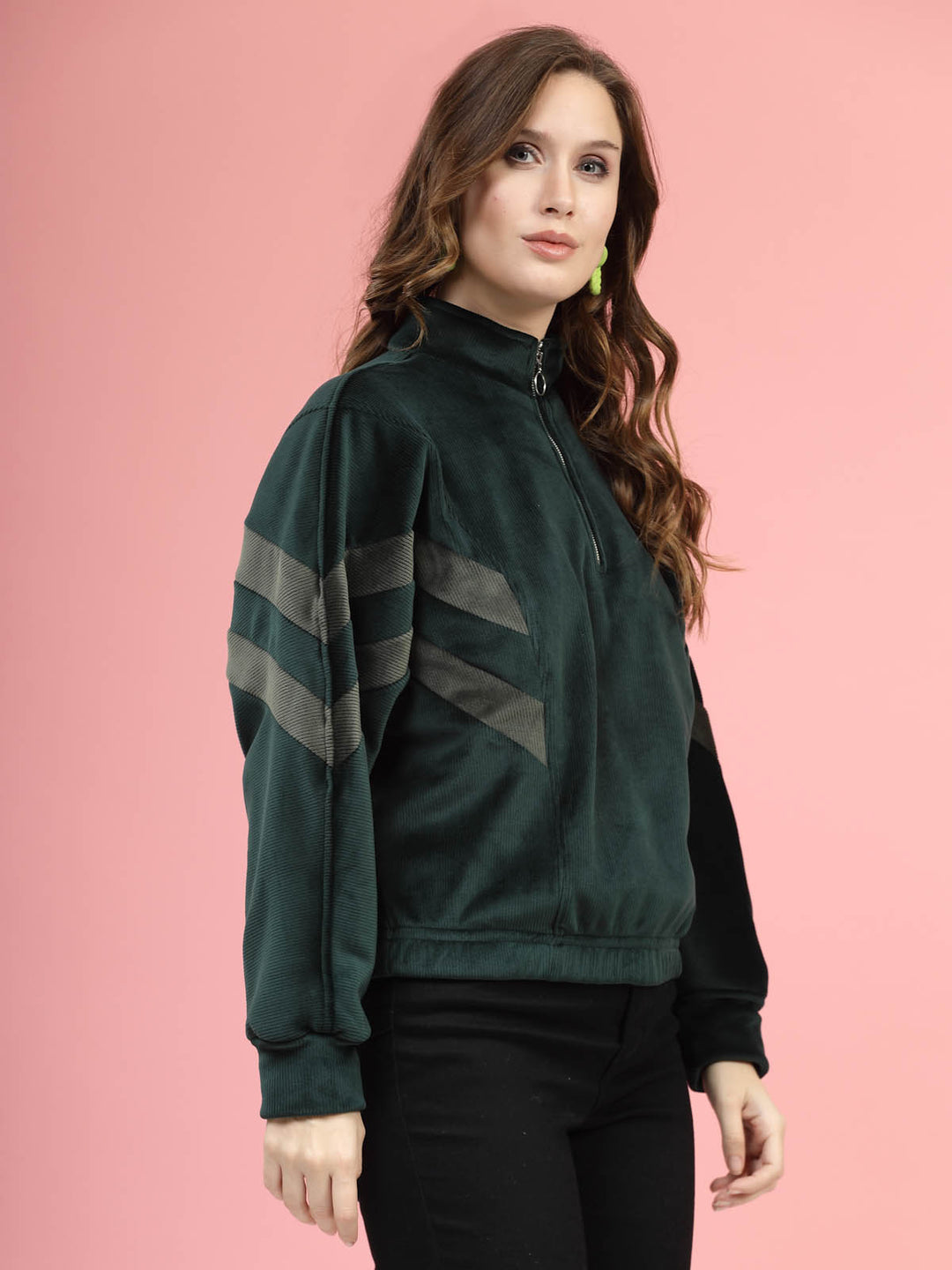 Green Mock Collar Long Sleeves Pullover Sweatshirt