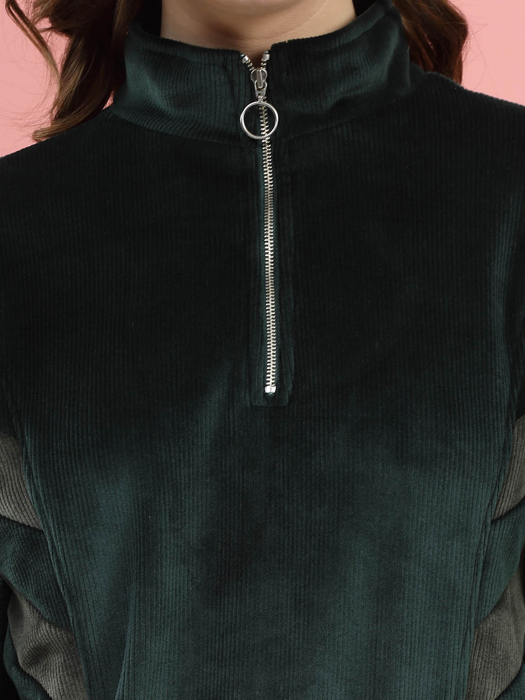 Green Mock Collar Long Sleeves Pullover Sweatshirt