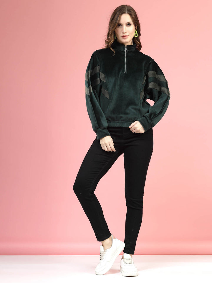 Green Mock Collar Long Sleeves Pullover Sweatshirt